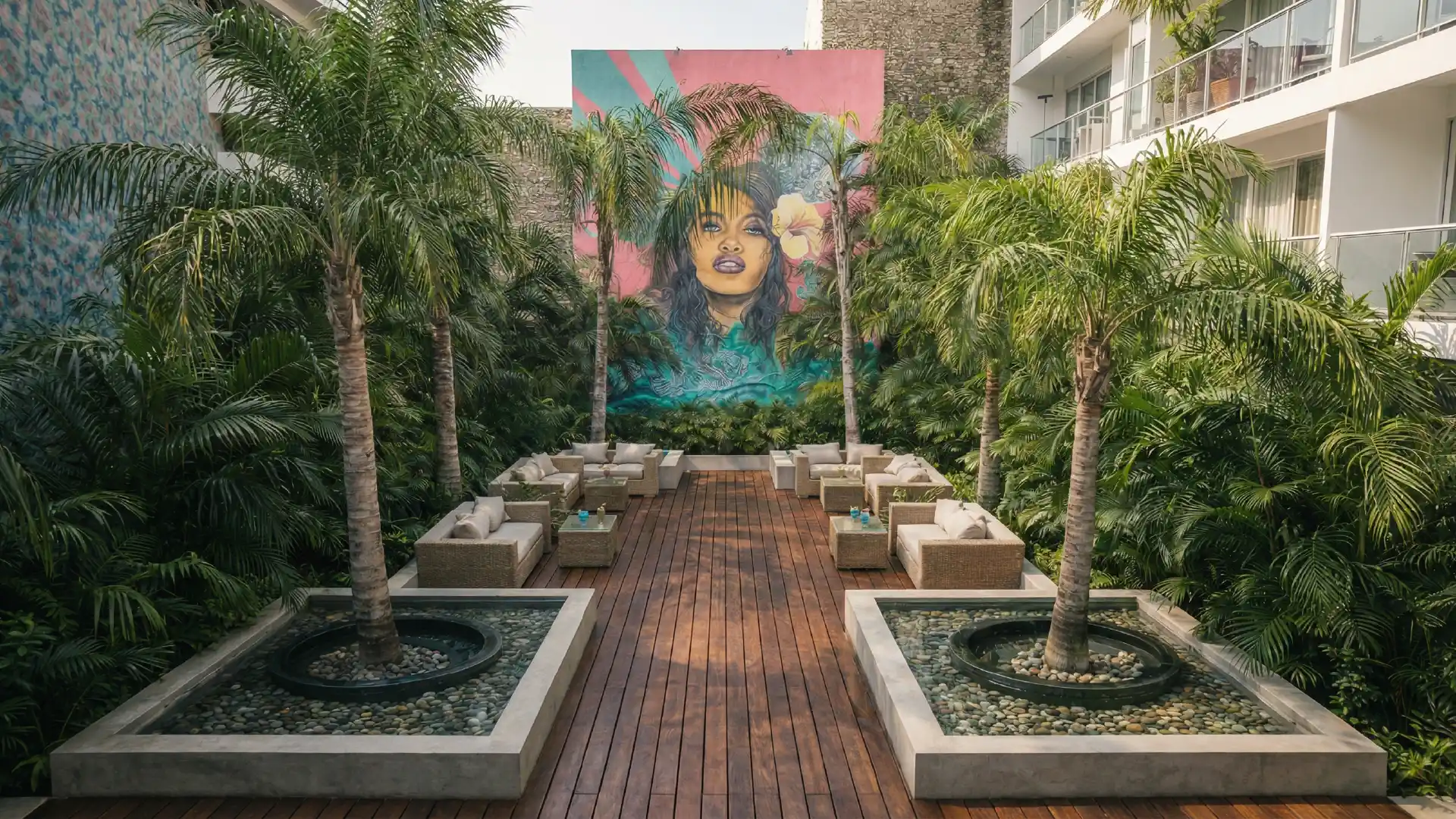 Patio interior con suelo de madera, palmeras, sofás y un mural artístico de mujer al fondo.