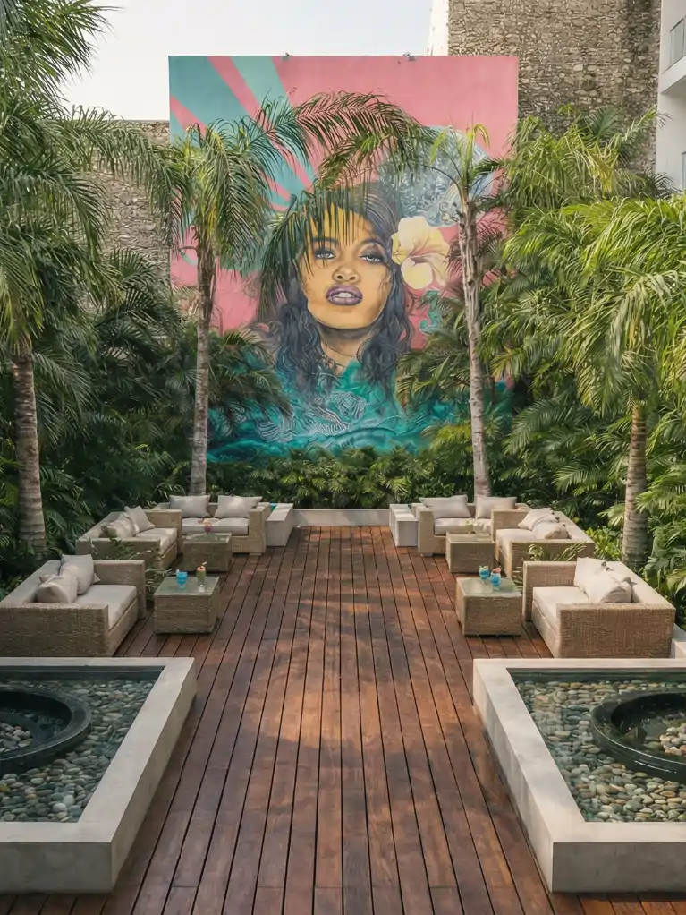 Patio interior con suelo de madera, palmeras, sofás y un mural artístico de mujer al fondo.
